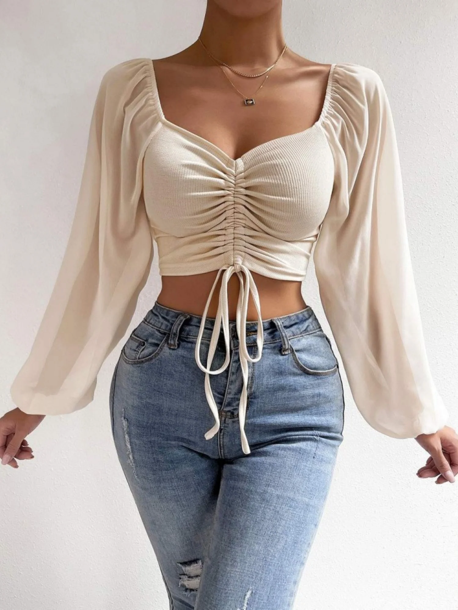 V-neck Spliced Chiffon Drawstring Lantern Sleeves Sweet T-shirts - Image 2