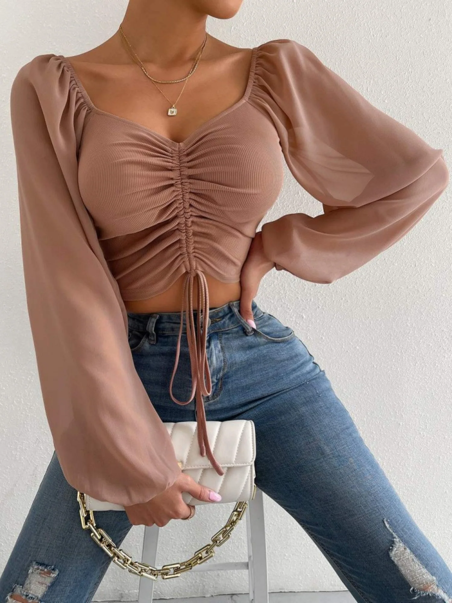V-neck Spliced Chiffon Drawstring Lantern Sleeves Sweet T-shirts - Image 6
