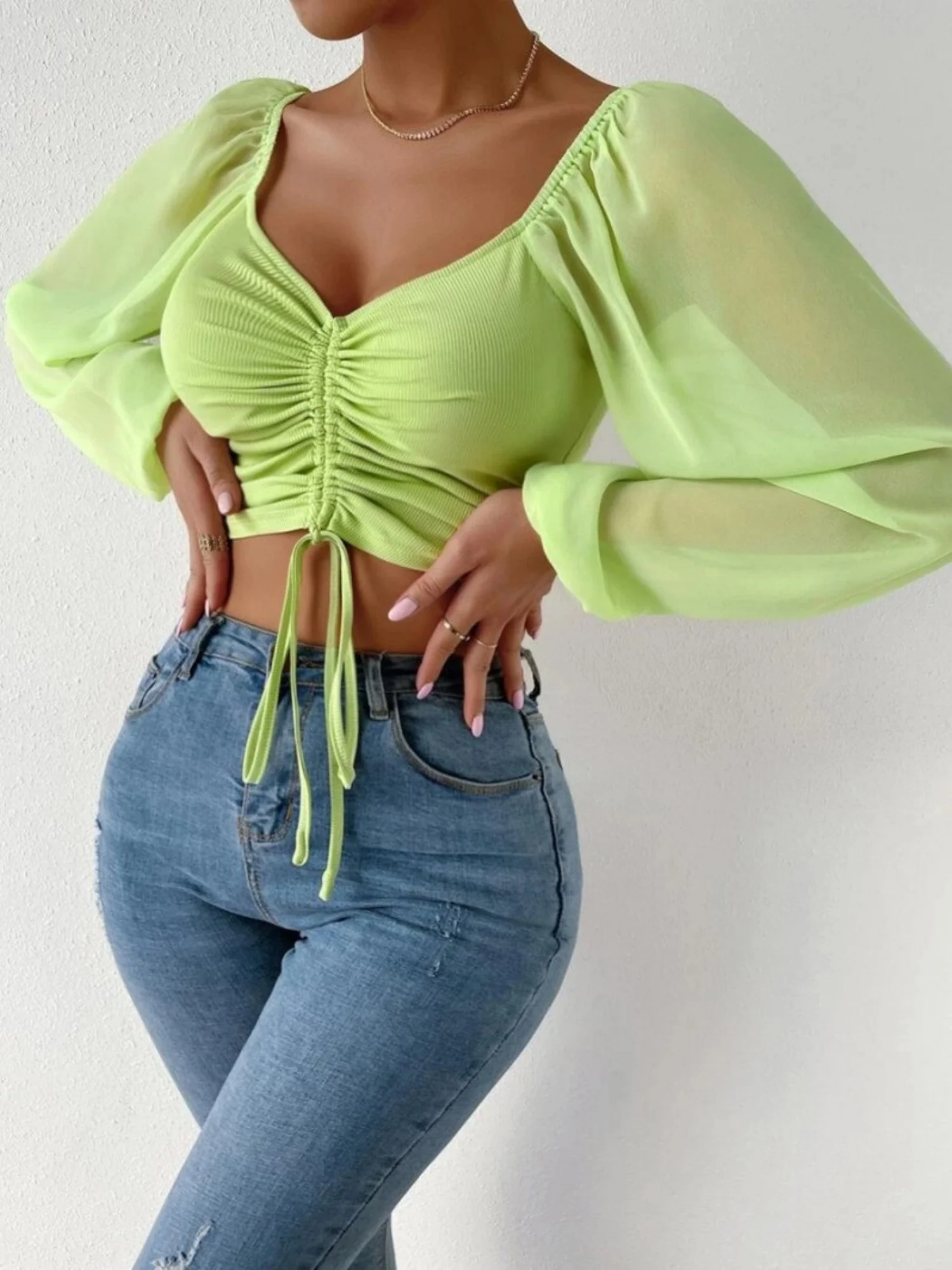 V-neck Spliced Chiffon Drawstring Lantern Sleeves Sweet T-shirts - Image 8