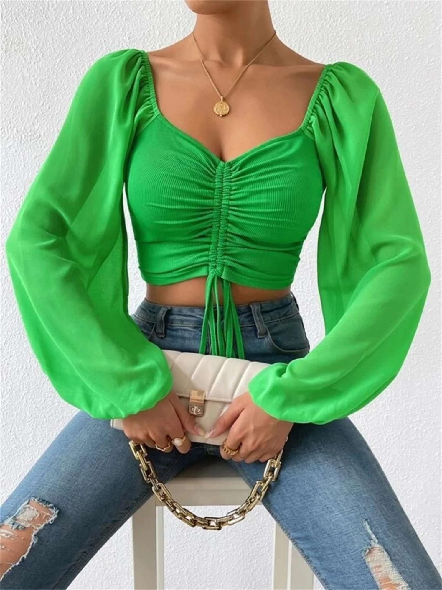 V-neck Spliced Chiffon Drawstring Lantern Sleeves Sweet T-shirts - Image 9