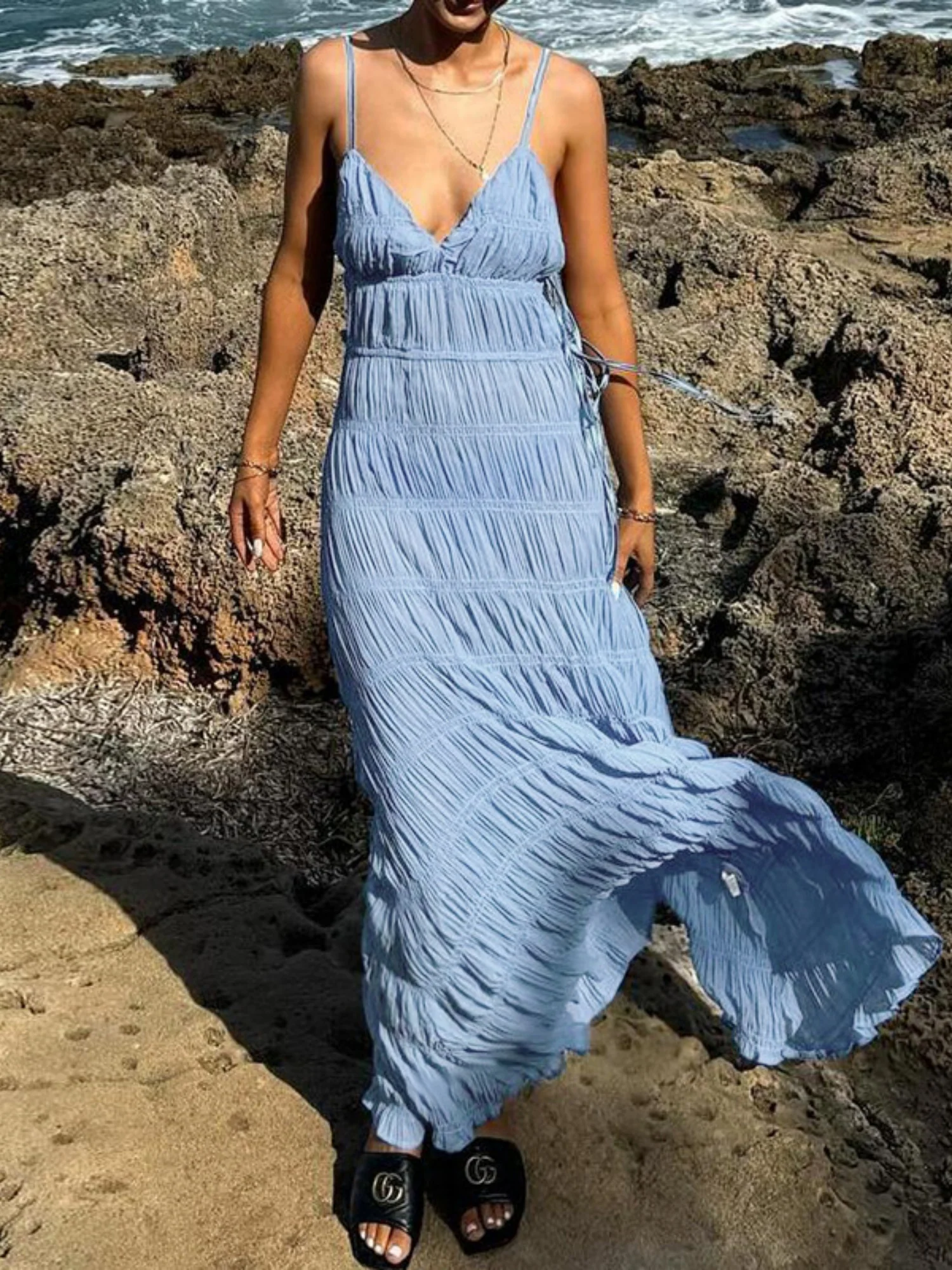 Pleated V-neck Camisoles Maxi Dresses - Image 5