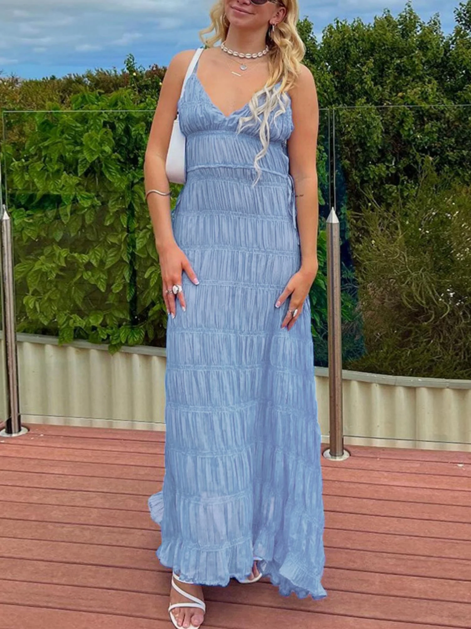 Pleated V-neck Camisoles Maxi Dresses - Image 7