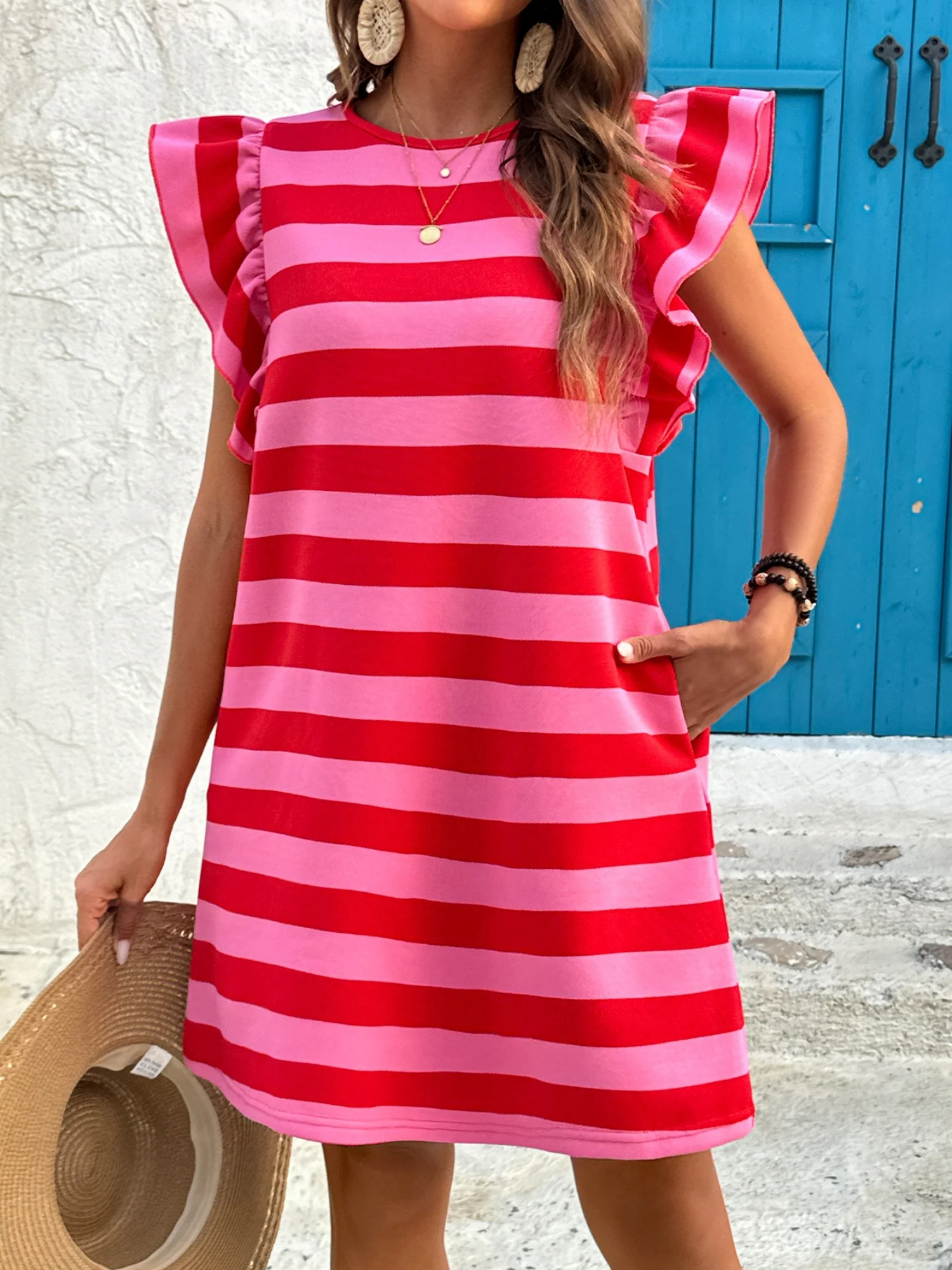 Stripes Color Matching Crew Neck Pocket Midi Dress With Flutter Sleeves - Image 3