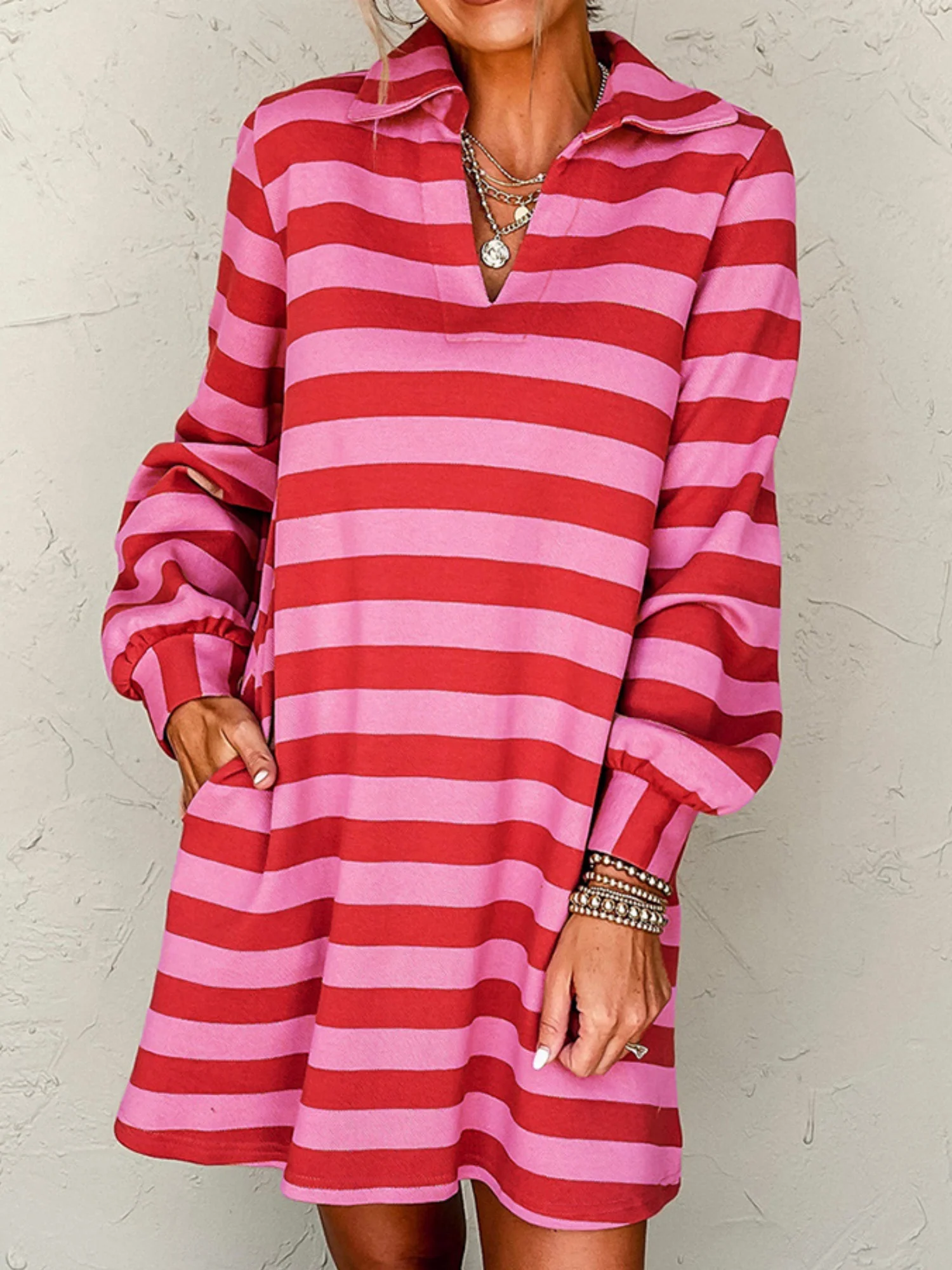 Stripes Color Matching Polo Collar Pocket Long-sleeved Midi Dress