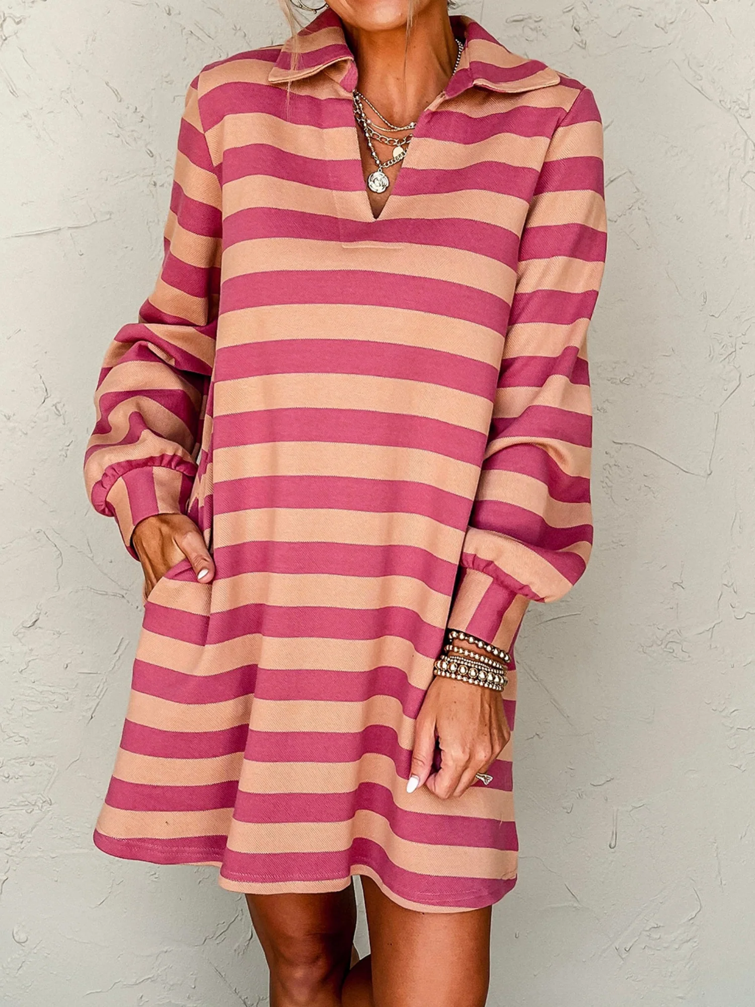 Stripes Color Matching Polo Collar Pocket Long-sleeved Midi Dress - Image 3