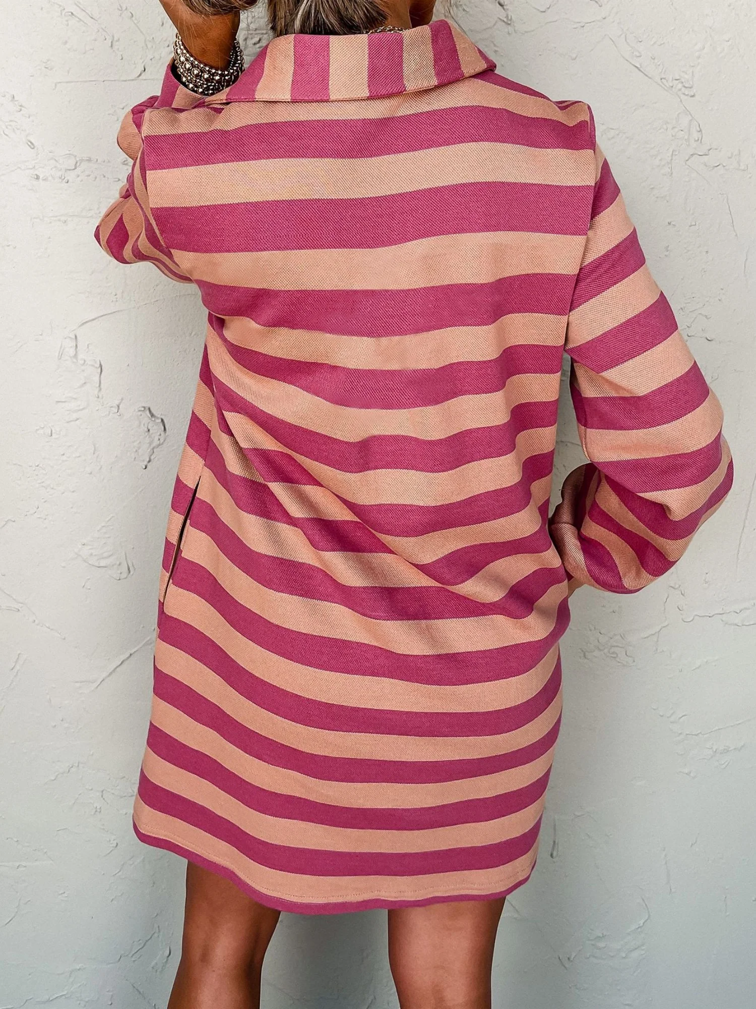 Stripes Color Matching Polo Collar Pocket Long-sleeved Midi Dress - Image 4