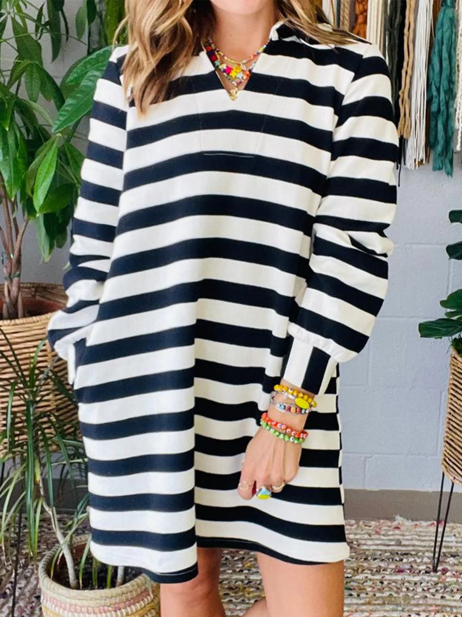 Stripes Color Matching Polo Collar Pocket Long-sleeved Midi Dress - Image 5