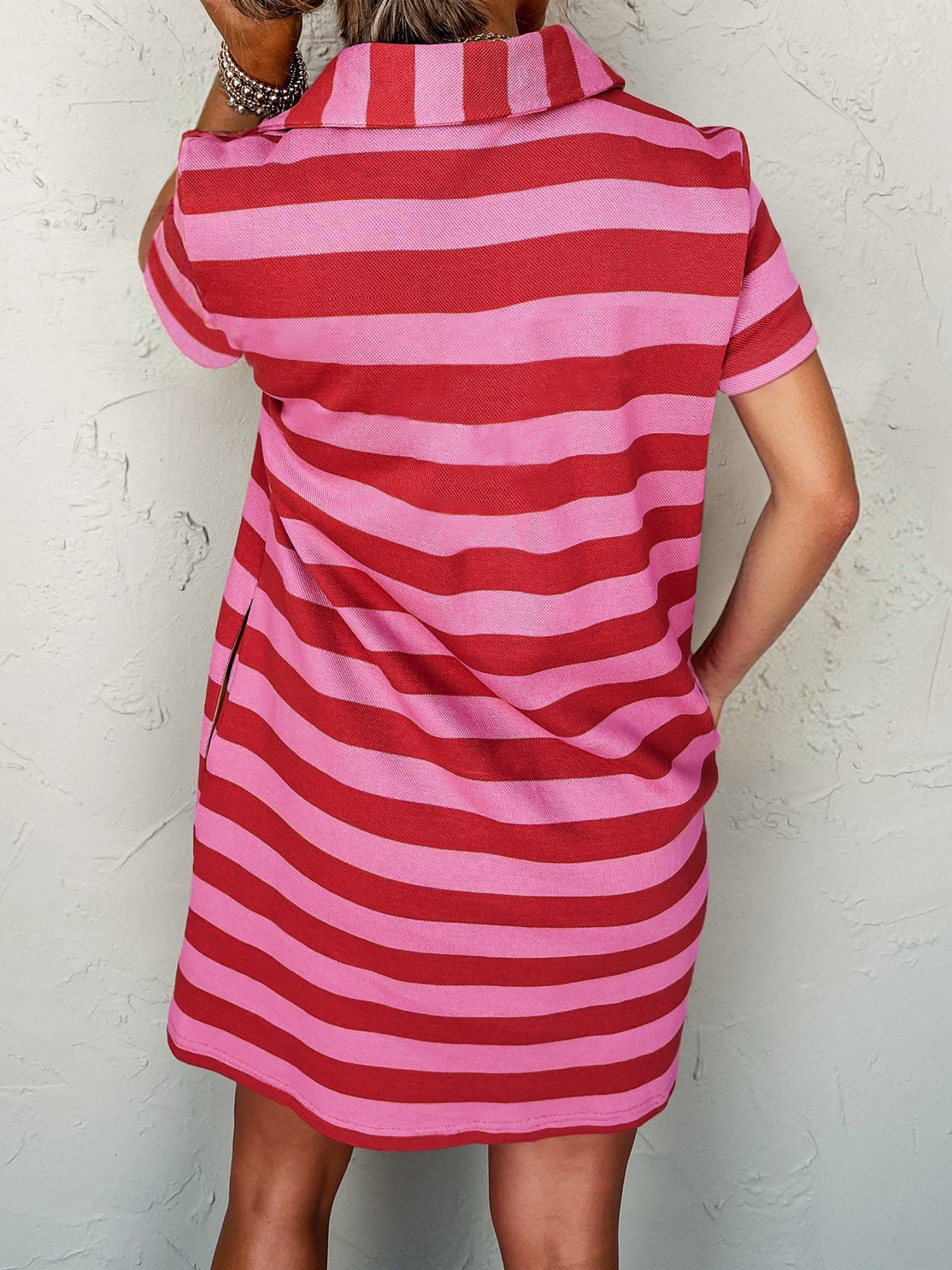 Stripes Color Matching Polo Collar Pocket Short-sleeved Midi Dress - Image 2