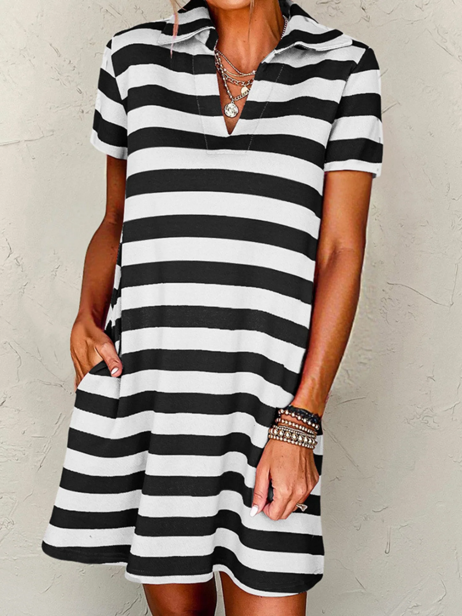 Stripes Color Matching Polo Collar Pocket Short-sleeved Midi Dress - Image 3