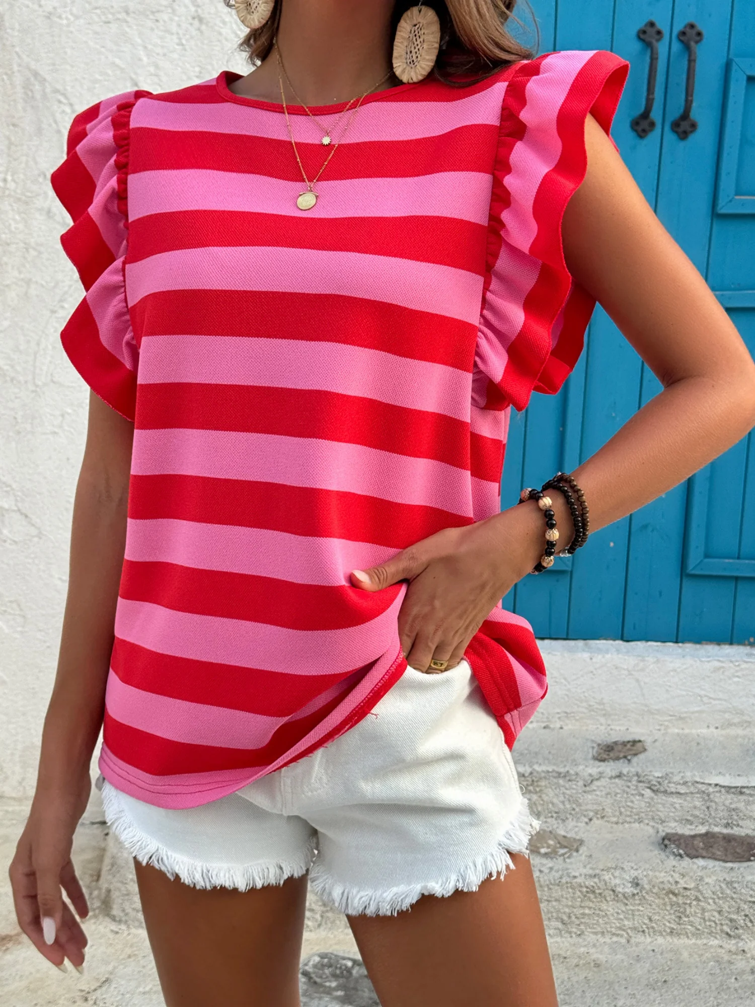 Stripes Color Matching Crew Neck T-shirts - Image 3