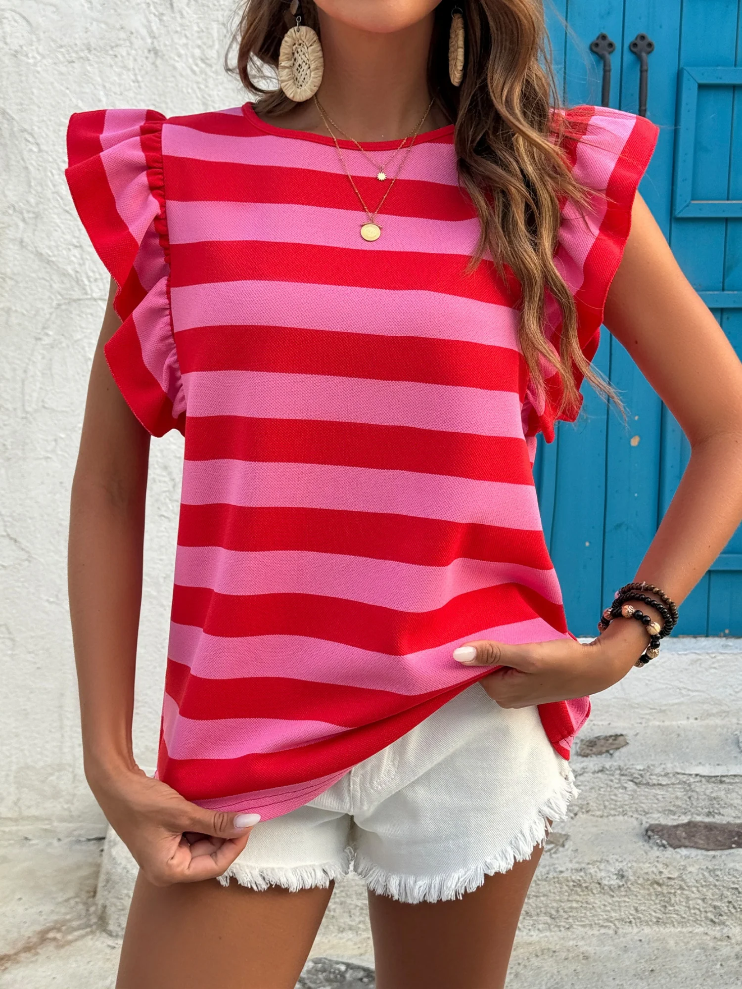 Stripes Color Matching Crew Neck T-shirts - Image 4