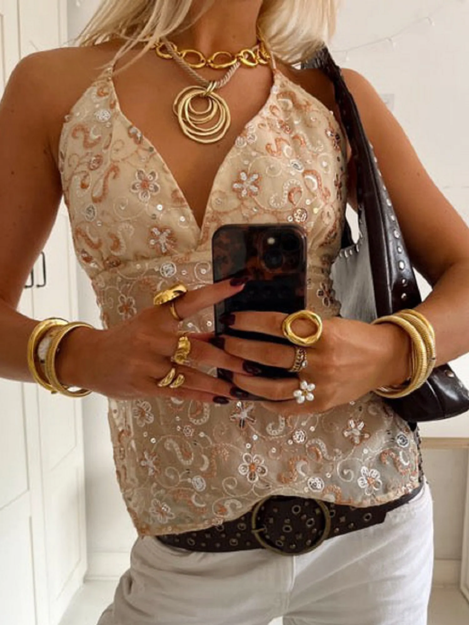 Embroidered Sequins Color Matching Strappy Backless Sweet Tank Tops&Camis - Image 5