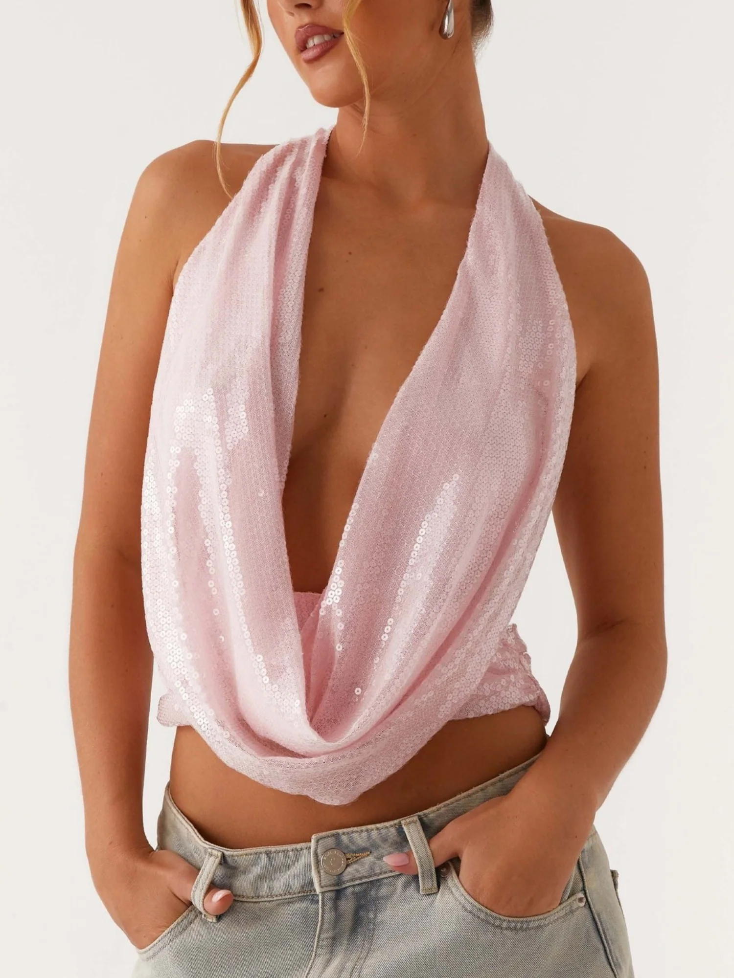 Sequined Halter Neck Backless Tie Sexy Suspenders