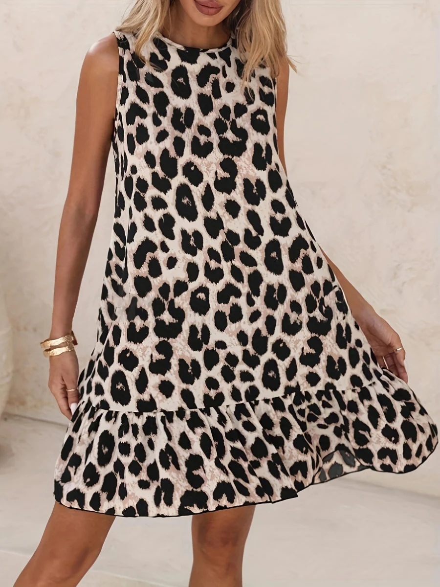 Leopard Print A-line Sleeveless Short Dress - Image 5