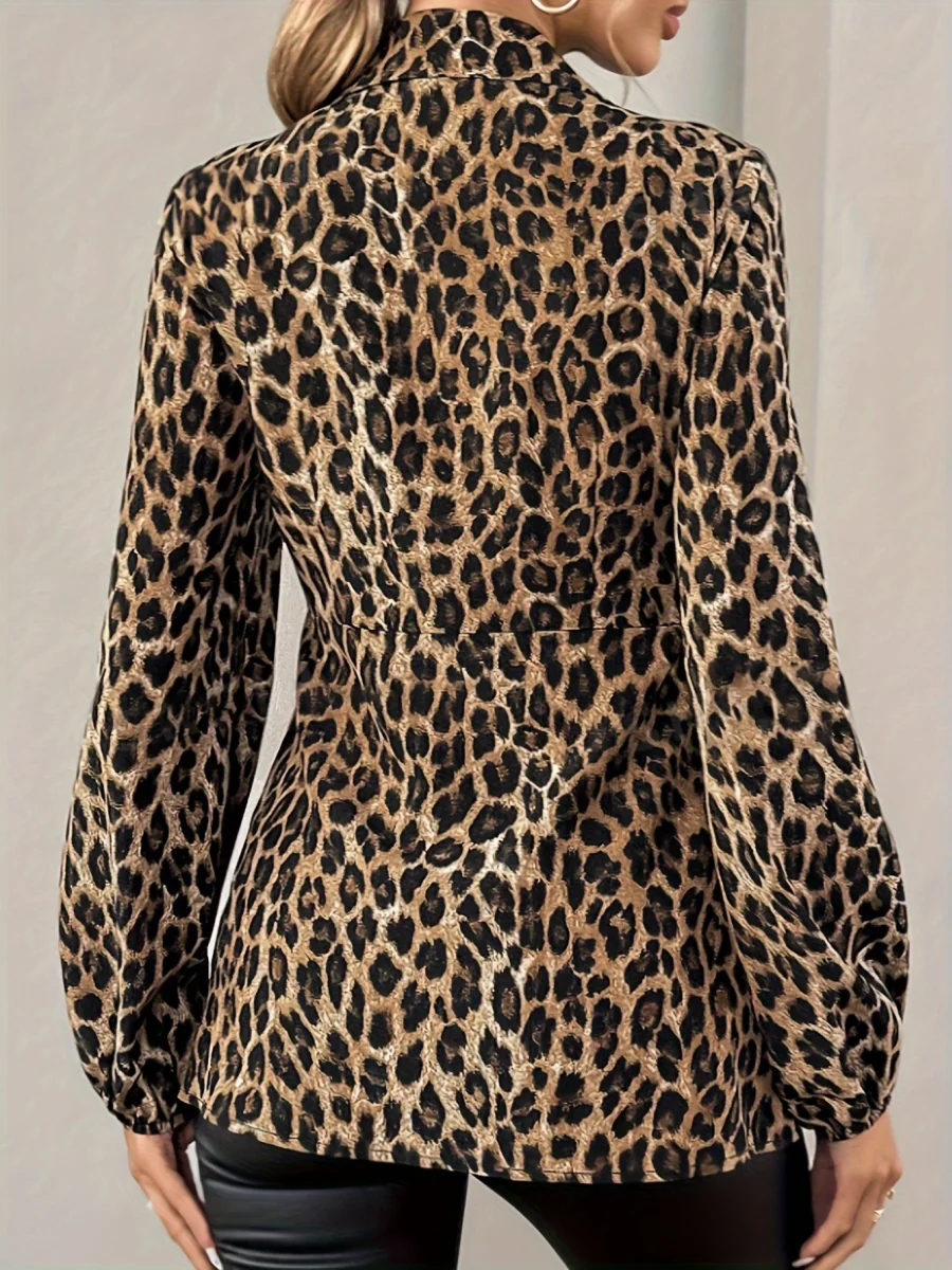 Leopard Print Tie-neck Long-sleeved T-shirt - Image 2