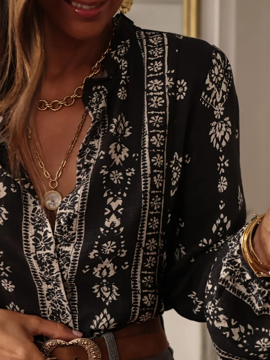 Geometric Print V-neck Long-sleeved Shirt - Image 13