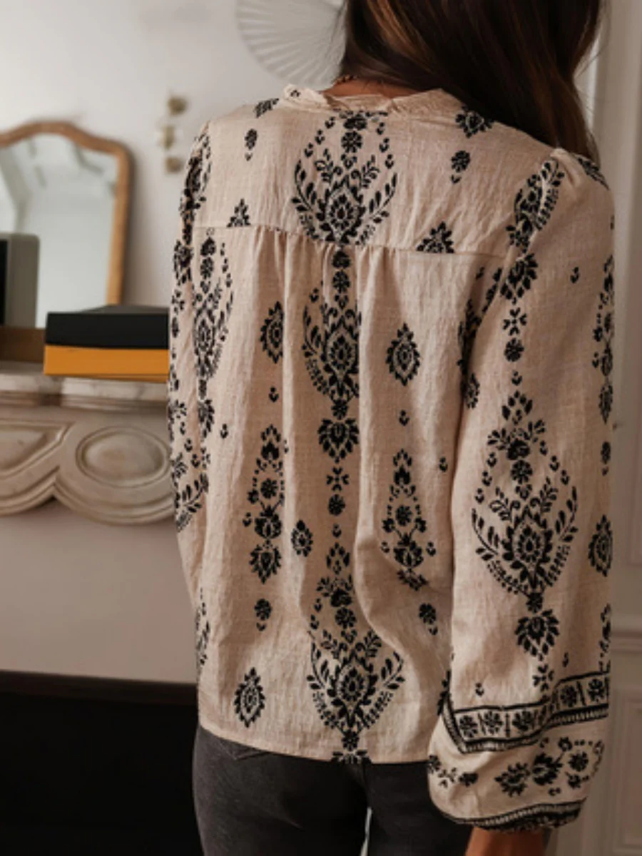 Geometric Print V-neck Long-sleeved Shirt - Image 2