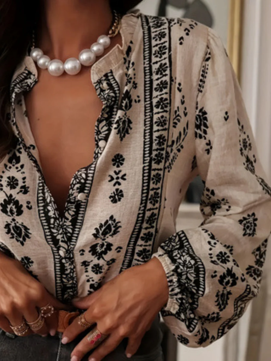 Geometric Print V-neck Long-sleeved Shirt - Image 3