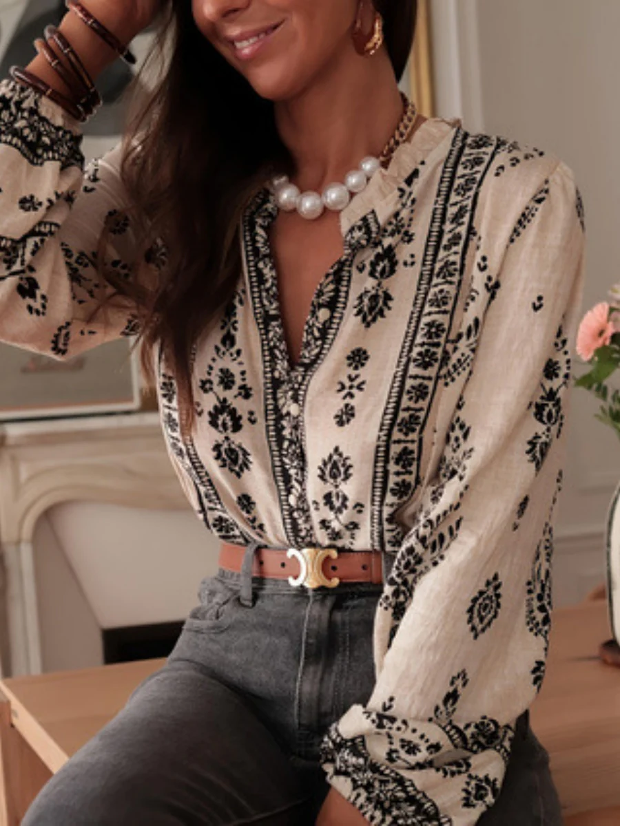 Geometric Print V-neck Long-sleeved Shirt - Image 4