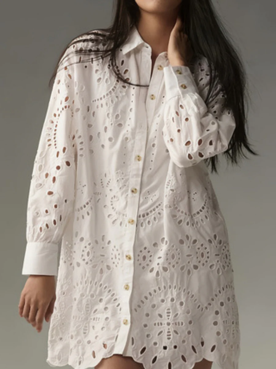 Solid Color Openwork Button-down Collar Shirt