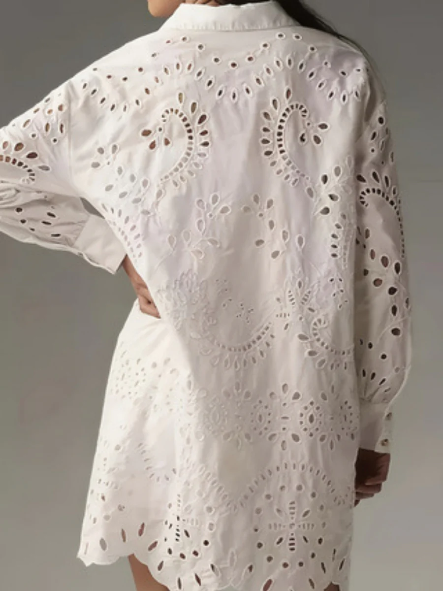 Solid Color Openwork Button-down Collar Shirt - Image 2