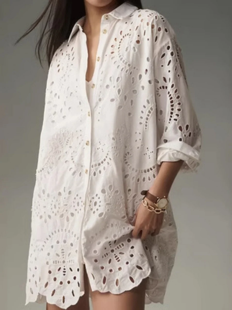 Solid Color Openwork Button-down Collar Shirt - Image 3