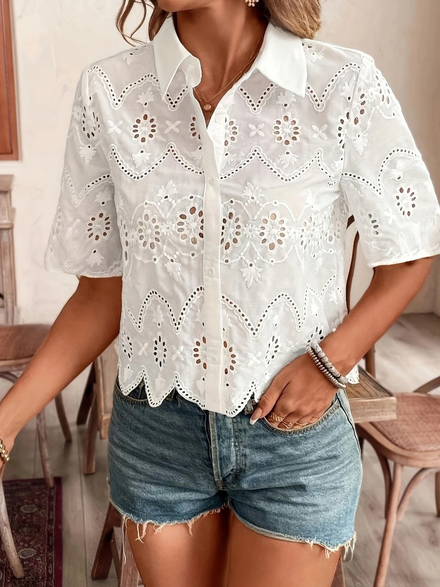 Solid Color Lace Shirt, Openwork Shirt