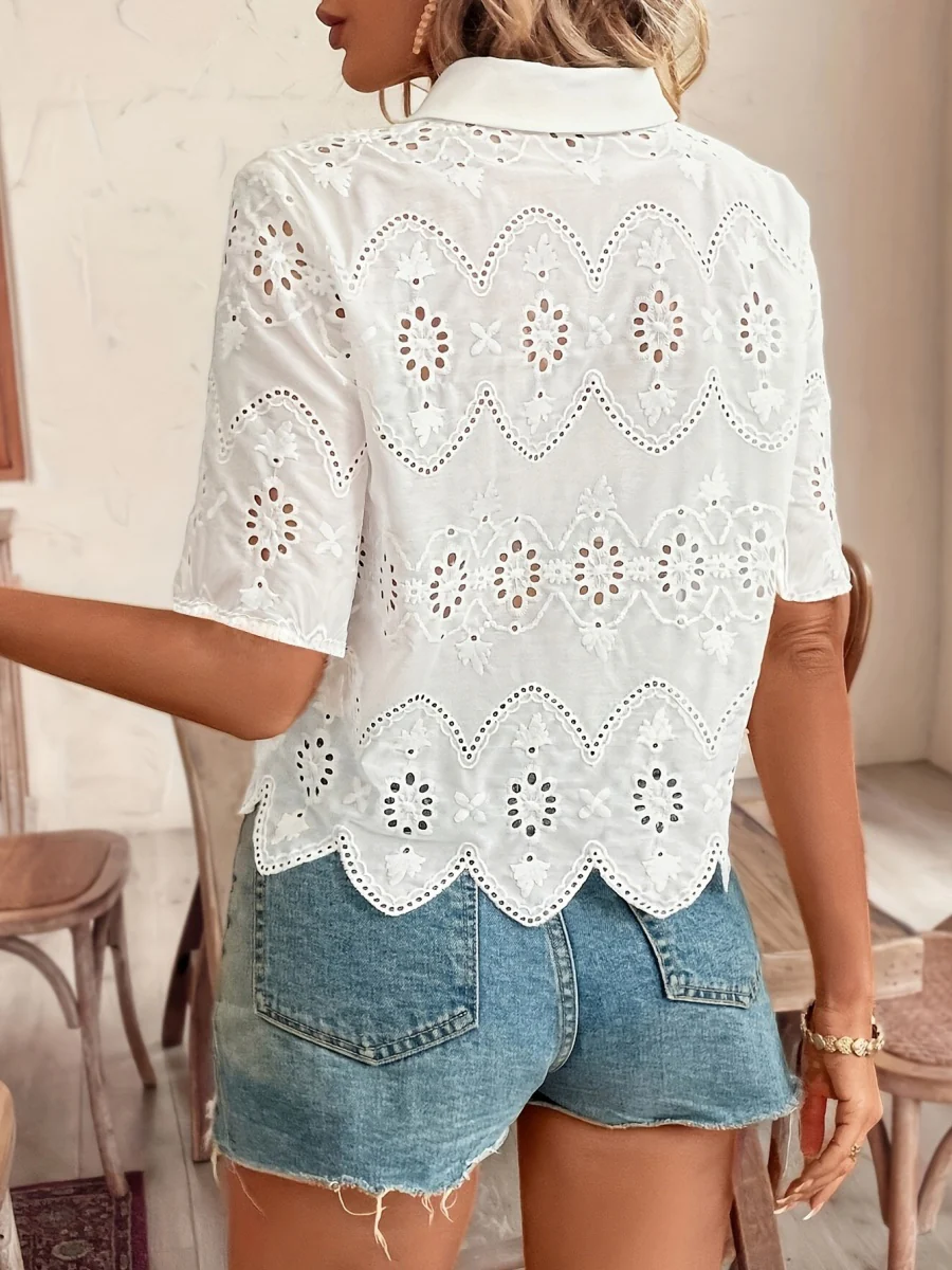 Solid Color Lace Shirt, Openwork Shirt - Image 2