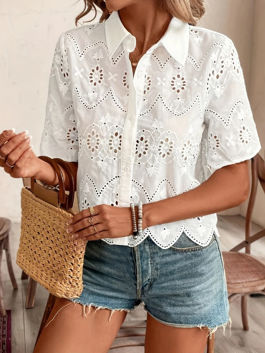 Solid Color Lace Shirt, Openwork Shirt - Image 3