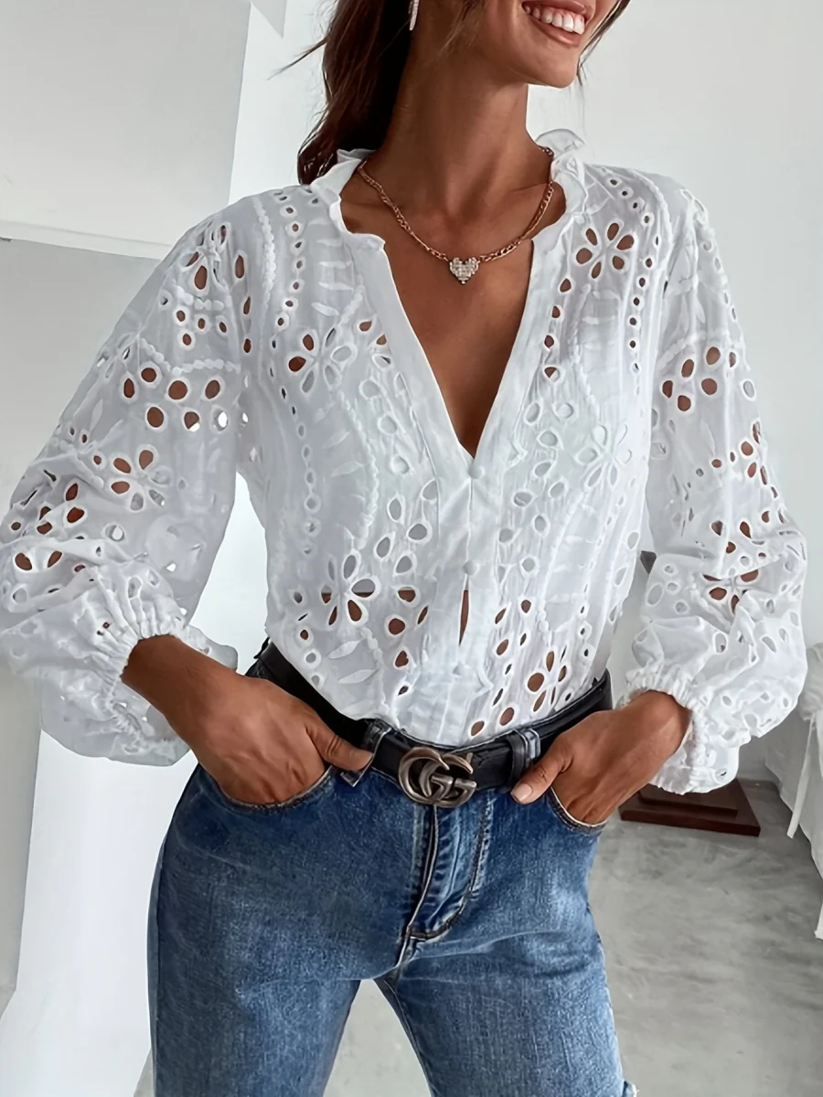 White Long-sleeved V-neck Lace Shirts - Image 5