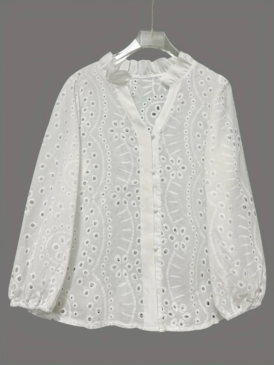 White Long-sleeved V-neck Lace Shirts - Image 6
