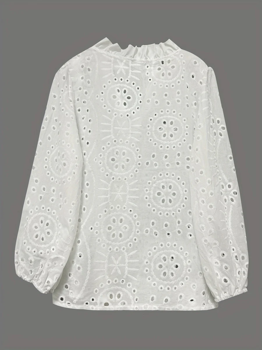White Long-sleeved V-neck Lace Shirts - Image 7