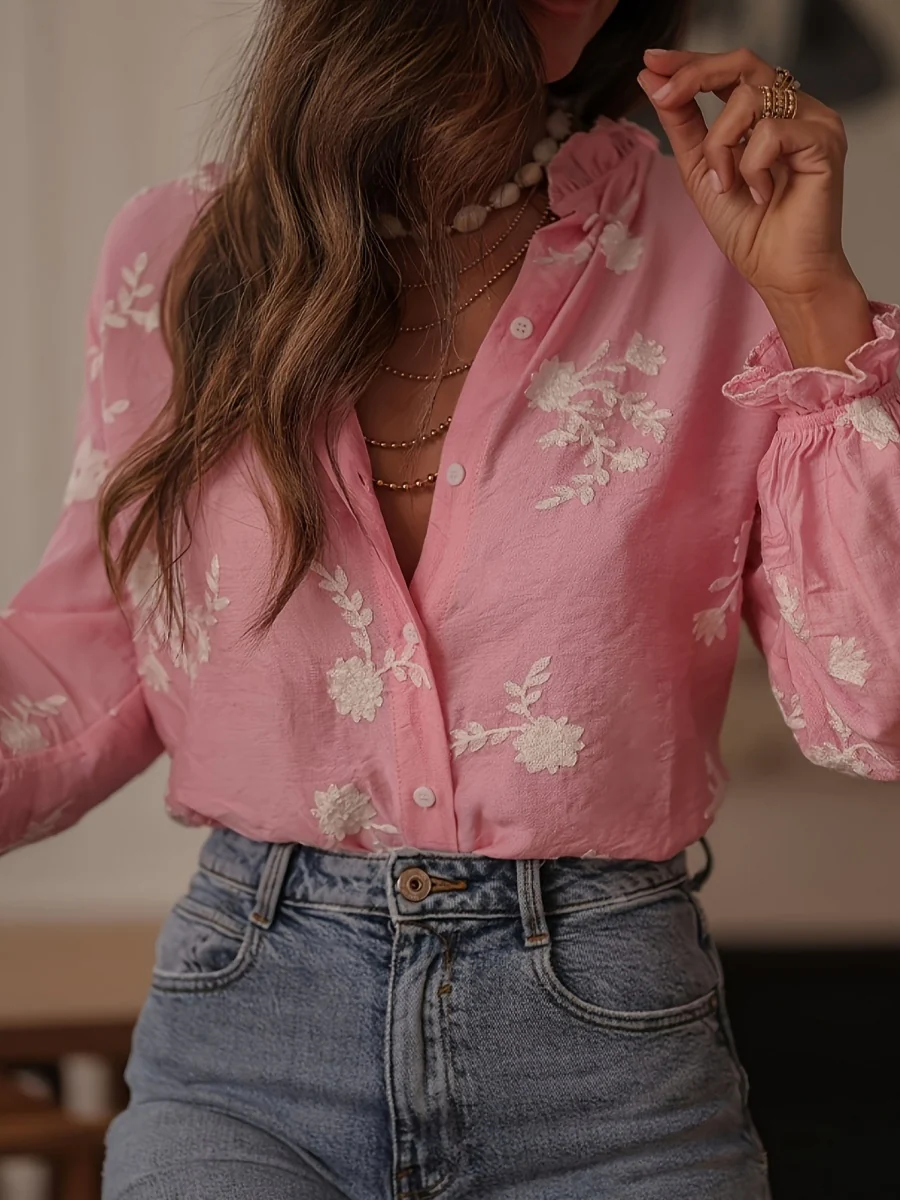 Floral Embroidery Color Block V-Neck Long-Sleeve Shirt - Image 10