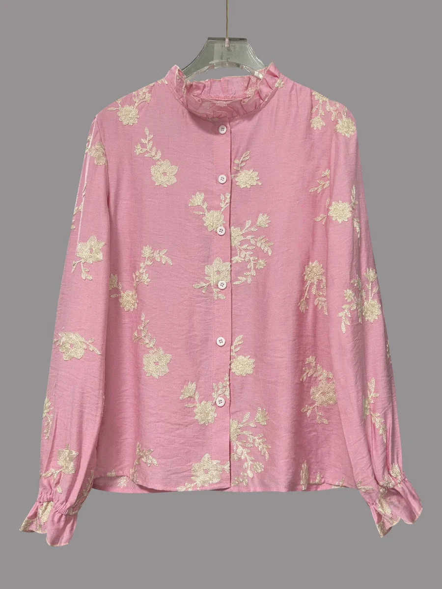 Floral Embroidery Color Block V-Neck Long-Sleeve Shirt - Image 13