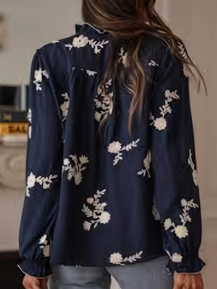 Floral Embroidery Color Block V-Neck Long-Sleeve Shirt - Image 2