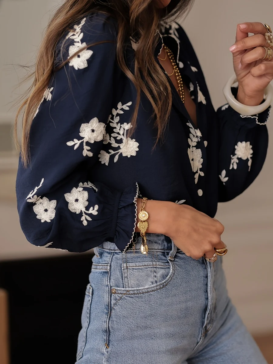Floral Embroidery Color Block V-Neck Long-Sleeve Shirt - Image 4