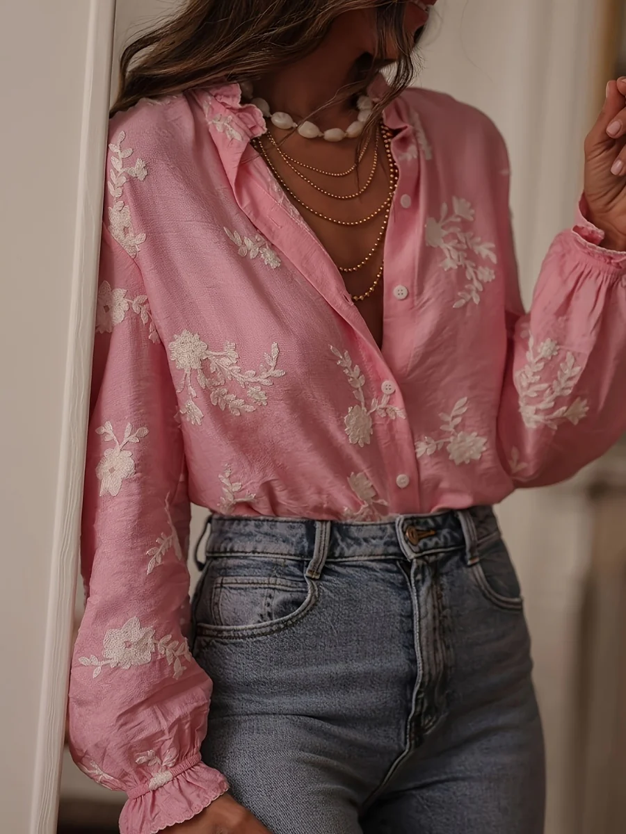 Floral Embroidery Color Block V-Neck Long-Sleeve Shirt - Image 8