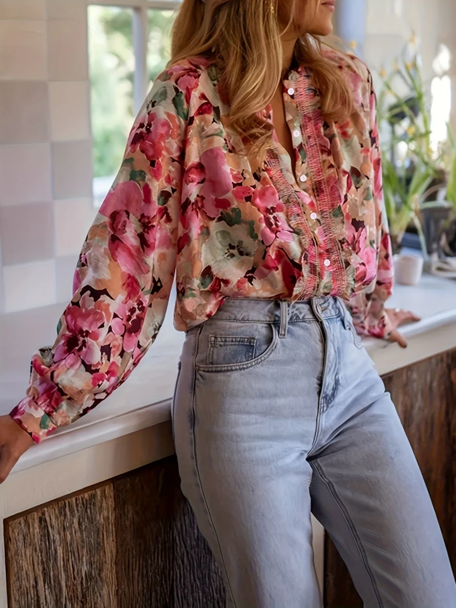 Floral Print Ruffled Round Neck Long-sleeved Shirt - Image 3