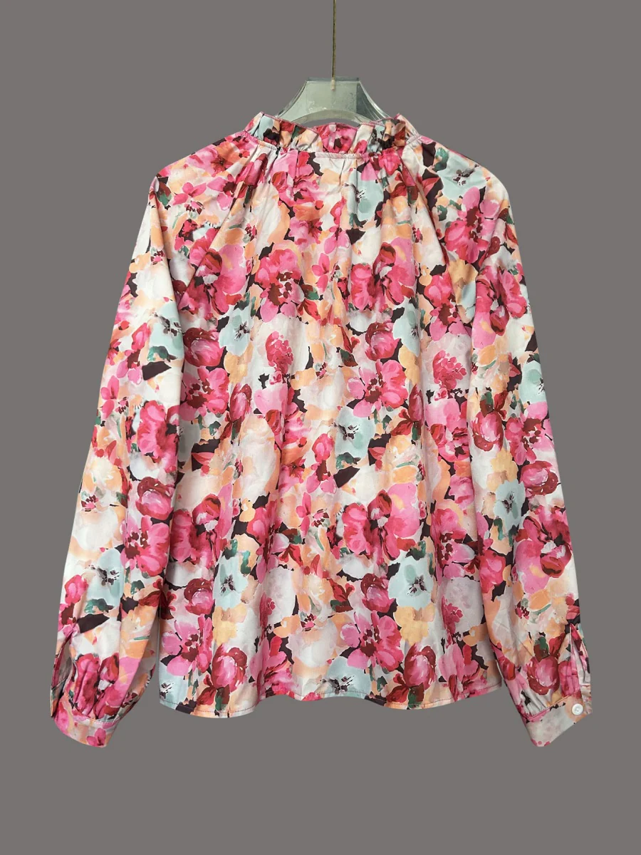 Floral Print Ruffled Round Neck Long-sleeved Shirt - Image 6