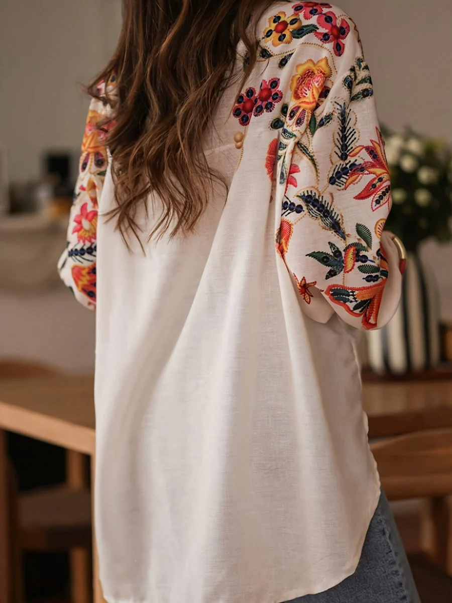 Floral Print V-Neck Long Sleeve Shirt - Image 2