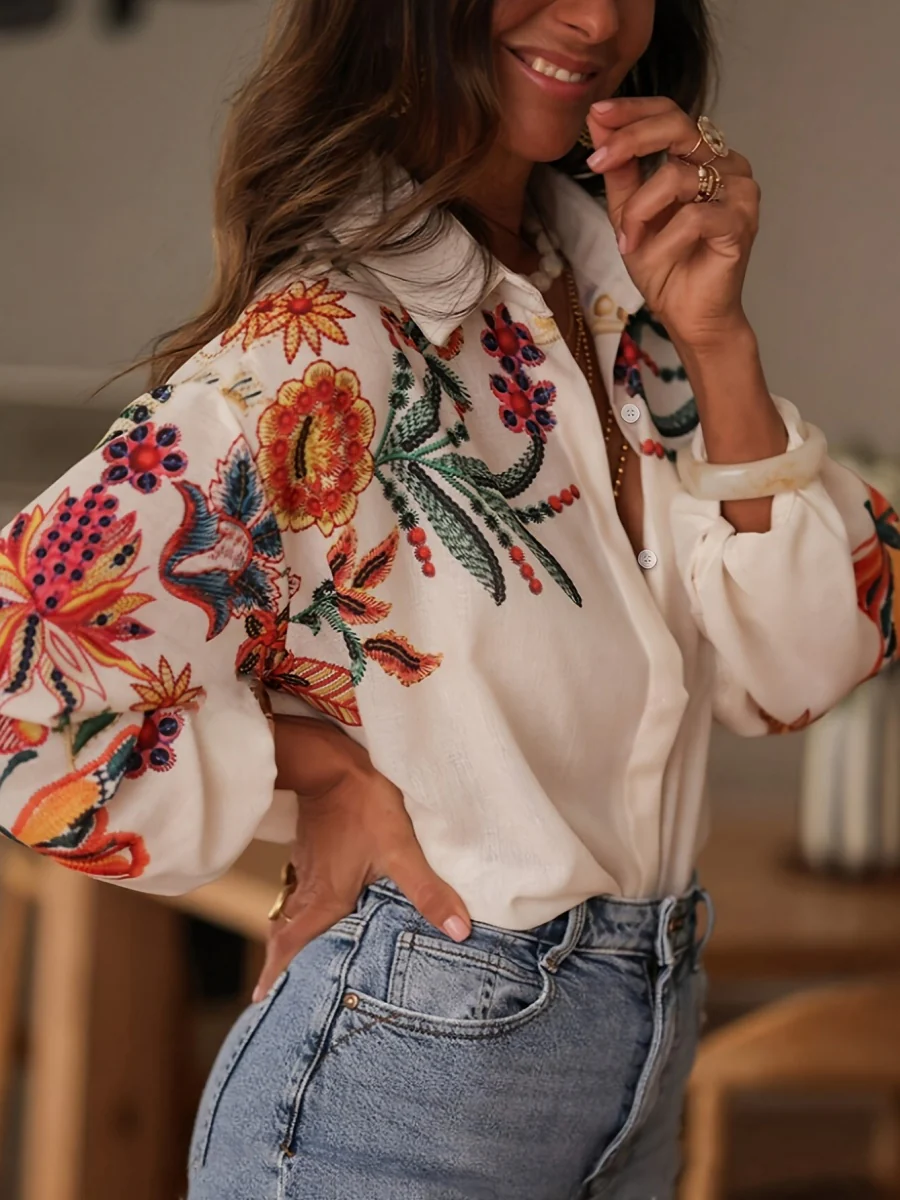 Floral Print V-Neck Long Sleeve Shirt - Image 3