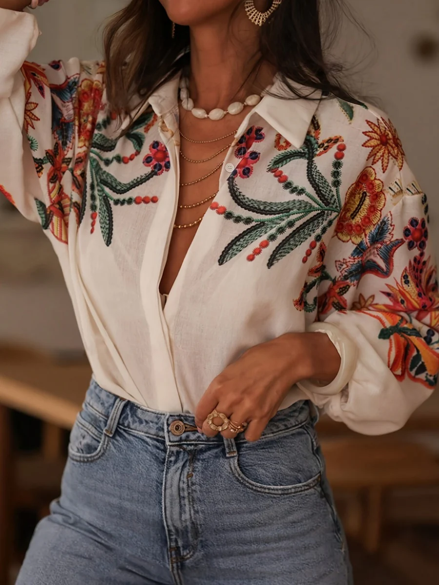 Floral Print V-Neck Long Sleeve Shirt - Image 4