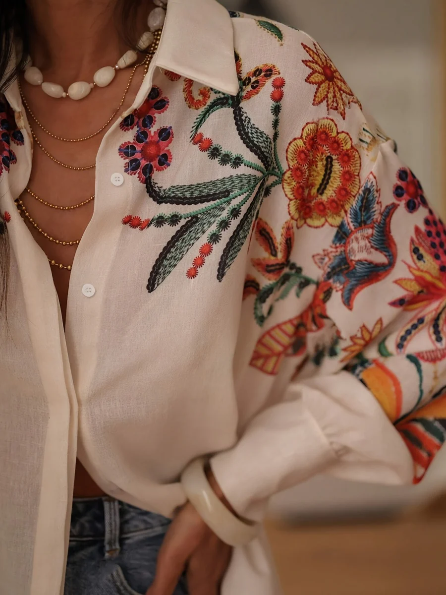 Floral Print V-Neck Long Sleeve Shirt - Image 6