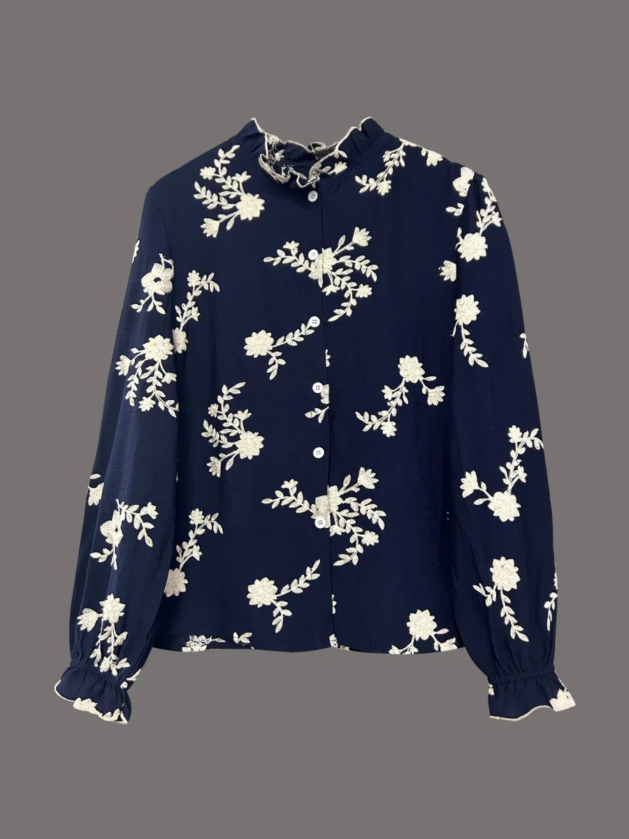 Floral Embroidery Color-blocked V-neck Lantern Sleeve Shirt - Image 12