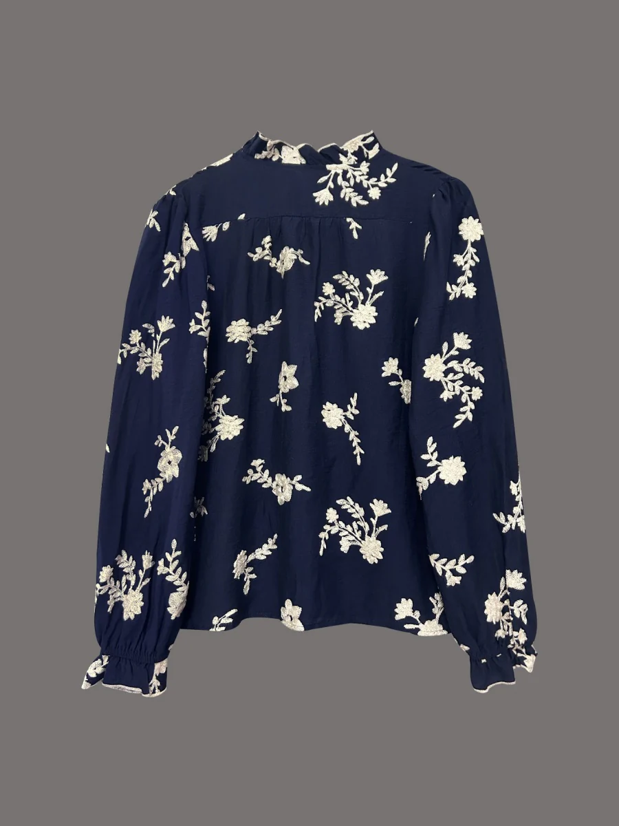 Floral Embroidery Color-blocked V-neck Lantern Sleeve Shirt - Image 13