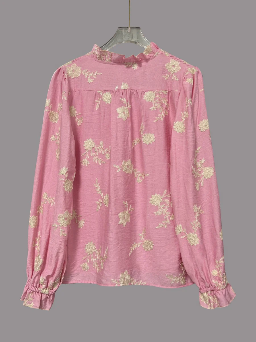 Floral Embroidery Color-blocked V-neck Lantern Sleeve Shirt - Image 7
