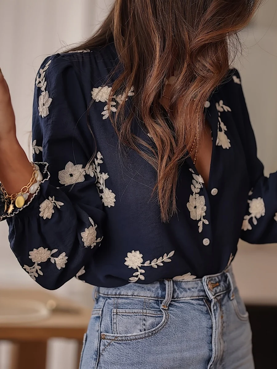 Floral Embroidery Color-blocked V-neck Lantern Sleeve Shirt - Image 9