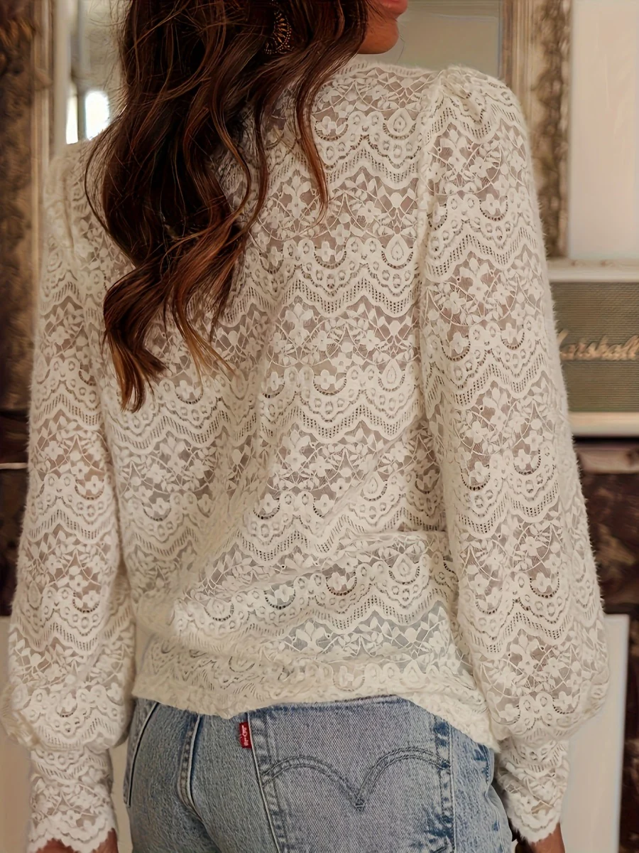 Loose-fitting, Sexy Long-sleeved Solid Color V-neck Lace Shirt - Image 2