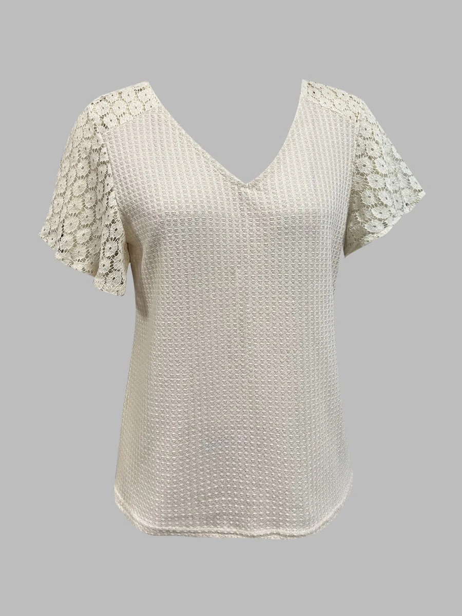 V-neck Lace-trimmed Short-sleeved T-shirt - Image 4