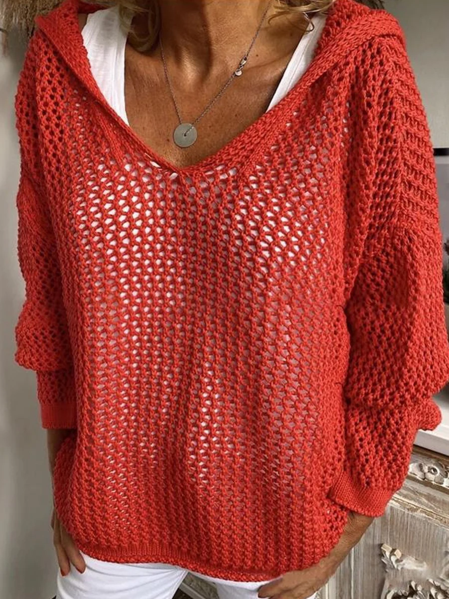 Knitted Outer Layer Sun Protection Knitted Hooded See-through Top - Image 3